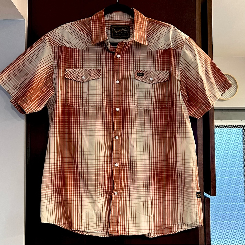 Men’s Howler Brothers Short Sleeve H Bar B Snapshirt Mars Red Size L